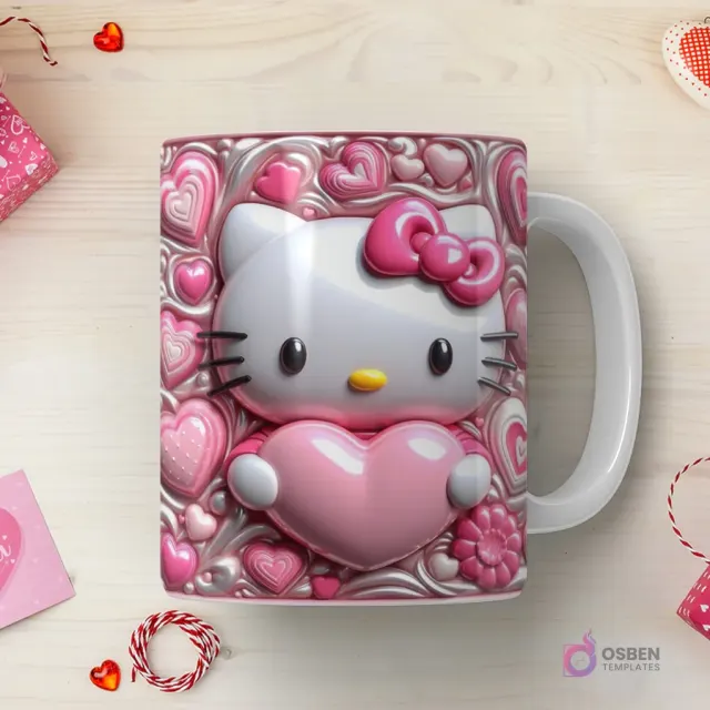 Taza sublimada con Hello Kitty 3D en relieve con corazón rosa rodeada de patrones de corazones brillantes y espirales en tonos pastel.