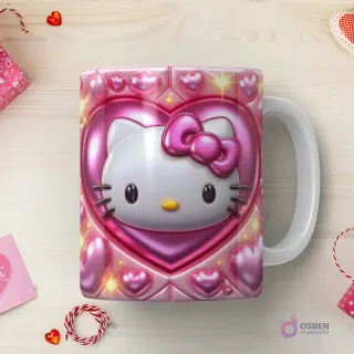 Taza sublimada con Hello Kitty 3D en relieve sobre un gran corazón rosado brillante con marcos y luces, rodeada de pequeños corazones.