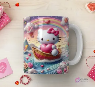 Taza sublimada con Hello Kitty 3D en un bote de madera con un corazón rosa, navegando en un río ondulado bajo un cielo con arcoíris y globos aerostáticos.