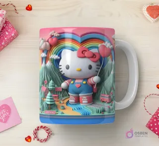 Taza sublimada con Hello Kitty 3D con overol y globo en forma de corazón, parada en un paisaje montañoso con arcoíris en forma de corazón.