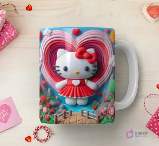 Taza sublimada con Hello Kitty 3D con vestido rojo y corazón, frente a un corazón gigante texturizado en un paisaje verde con puente y flores.