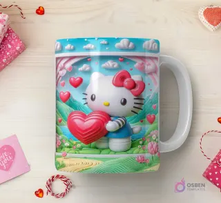 Taza sublimada con Hello Kitty 3D con camiseta de rayas y corazón rojo, en un entorno idílico con montañas, lago y nubes en 3D.