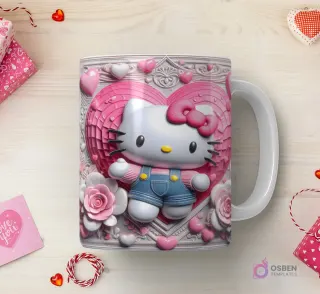 Taza sublimada con Hello Kitty 3D con overol azul, sobre un corazón decorativo con marcos, rosas y pequeños corazones en relieve pastel.
