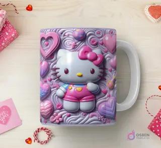 Taza sublimada con Hello Kitty 3D con vestuario rosa, rodeada de corazones y formas orgánicas en relieve sobre un fondo lila.