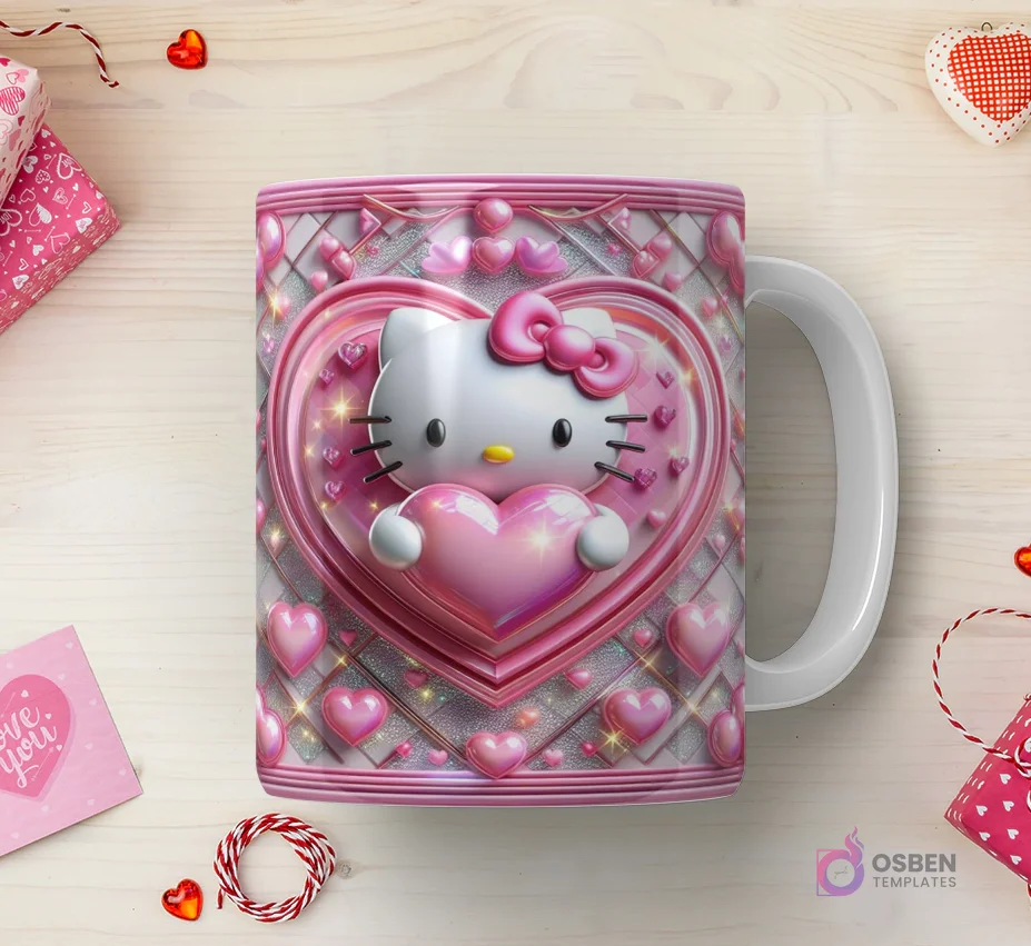 Taza sublimada con Hello Kitty 3D con corazón rosa brillante, sobre un corazón más grande con patrón geométrico y destellos luminosos.