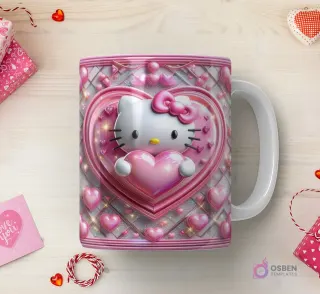 Taza sublimada con Hello Kitty 3D con corazón rosa brillante, sobre un corazón más grande con patrón geométrico y destellos luminosos.