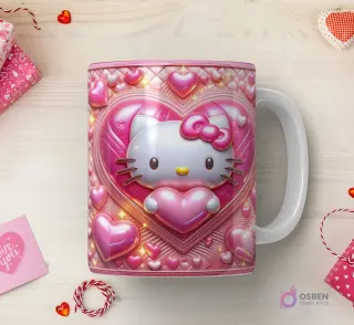 Taza sublimada con Hello Kitty 3D con corazón rosa, sobre un corazón metálico brillante con pequeños corazones alrededor en tonalidades rosadas.