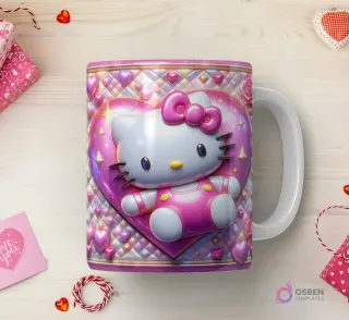 Taza sublimada con Hello Kitty 3D con vestuario rosa, recostada sobre un gran corazón rosado con patrón de rejilla y pequeños corazones.