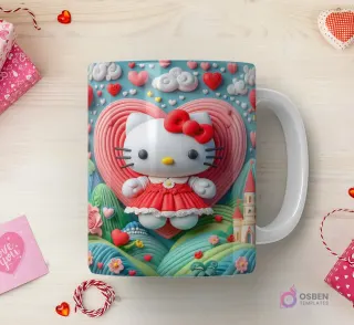 Taza sublimada con Hello Kitty 3D con vestido rojo y corazón, en un valle montañoso con un castillo, arcoíris y corazón texturizado de fondo.