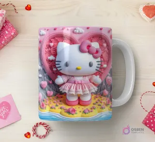 Taza sublimada con Hello Kitty 3D con vestido rosa de volantes, parada en una playa con flores, frente a un corazón gigante de ondas pastel.