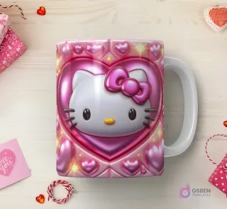 Taza sublimada con Hello Kitty 3D en relieve sobre un gran corazón rosado brillante con marcos y luces, rodeada de pequeños corazones.