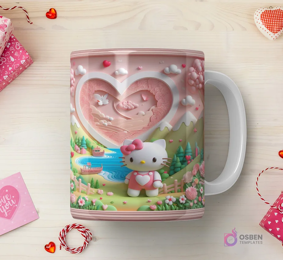 Taza sublimada con Hello Kitty 3D con atuendo rosa, en un paisaje verde con un lago, bote, montañas y un gran corazón texturizado de fondo.