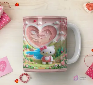 Taza sublimada con Hello Kitty 3D con atuendo rosa, en un paisaje verde con un lago, bote, montañas y un gran corazón texturizado de fondo.