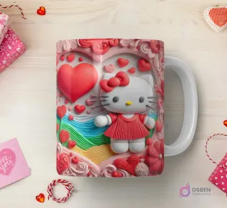 Taza sublimada con Hello Kitty 3D con vestido rojo y corazón grande, en un paisaje de colinas onduladas con corazones flotantes en 3D.