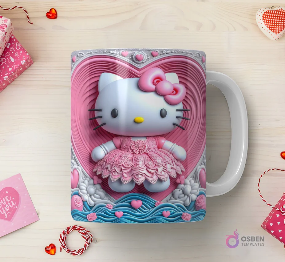 Taza sublimada con Hello Kitty 3D con vestido rosa de capas, sobre un corazón gigante de ondas, rodeada de agua y rosas en relieve.