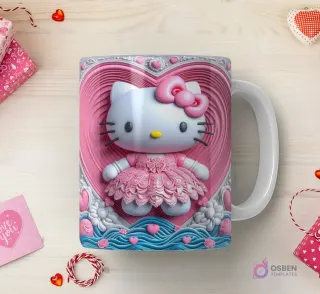 Taza sublimada con Hello Kitty 3D con vestido rosa de capas, sobre un corazón gigante de ondas, rodeada de agua y rosas en relieve.