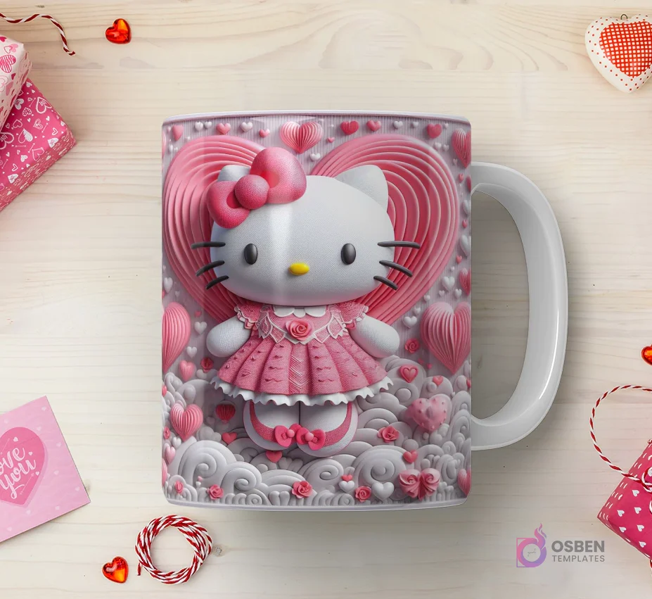 Taza sublimada con Hello Kitty 3D con vestido rosa y lazo, sobre un corazón ondulado con nubes y pequeños corazones en un paisaje onírico.