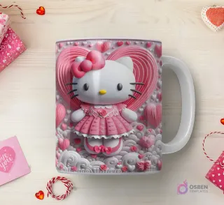 Taza sublimada con Hello Kitty 3D con vestido rosa y lazo, sobre un corazón ondulado con nubes y pequeños corazones en un paisaje onírico.