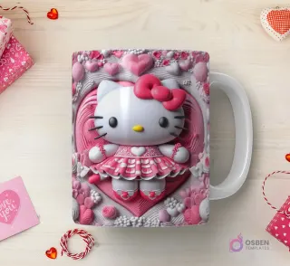 Taza sublimada con Hello Kitty 3D con vestido rosa y zapatos, sobre un corazón con detalles de perlas y burbujas en un marco decorativo.