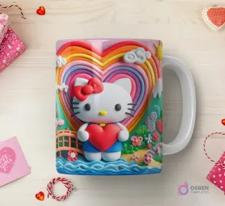 Taza sublimada con Hello Kitty 3D con corazón rojo, en un paisaje montañoso con un arcoíris en forma de corazón y un puente de madera.