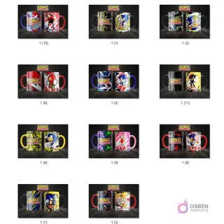 Mosaico de doce tazas sublimadas, cada una mostrando un diseño diferente de Sonic The Hedgehog y sus personajes como Tails, Knuckles, Amy Rose y Shadow.