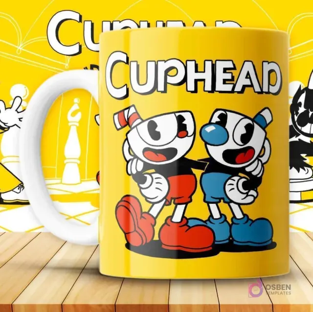 Mockup de taza amarilla con diseño de Cuphead y Mugman sonrientes, brazos entrelazados, y logo 'Cuphead'.