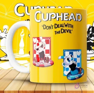 Mockup de taza amarilla con diseño de Cuphead y Mugman jugando a las cartas, con la frase 'Don't Deal With The Devil'.