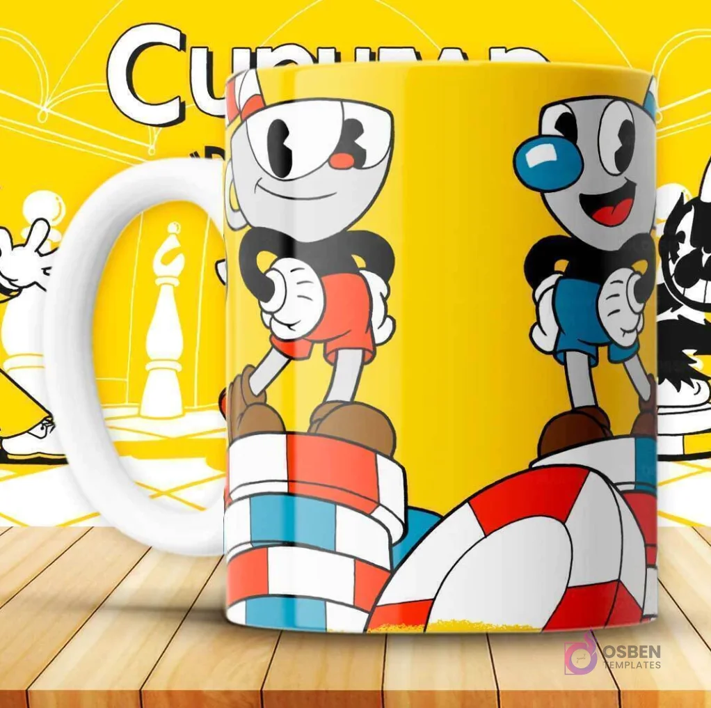 Mockup de taza amarilla con diseño de Cuphead y Mugman de pie sobre pilas de fichas de casino rojas y azules.