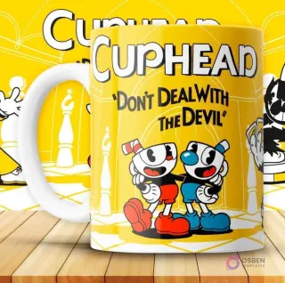 Mockup de taza amarilla con diseño de Cuphead y Mugman caminando y saludando, con logo 'Cuphead' de fondo.