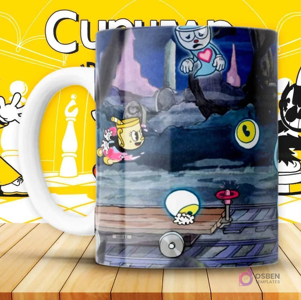 Mockup de taza con diseño oscuro de Ms. Chalice volando y Cuphead como fantasma, escena de juego.