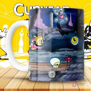 Mockup de taza con diseño oscuro de Ms. Chalice volando y Cuphead como fantasma, escena de juego.