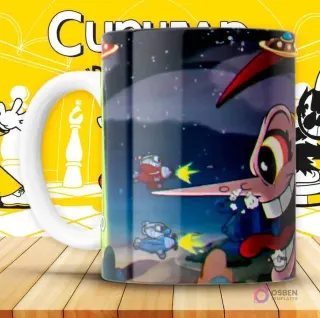 Mockup de taza con diseño de Cuphead volando en avión espacial y disparando a un jefe de nariz larga (Wally Warbles).