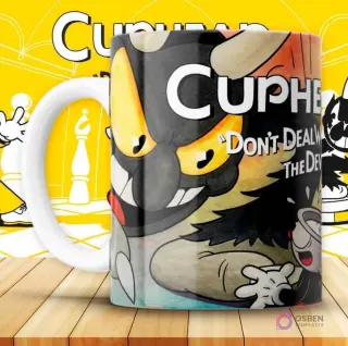 Mockup de taza amarilla con diseño del Diablo (The Devil) de Cuphead, grande y amenazante, con la frase 'Don't Deal With The Devil'.