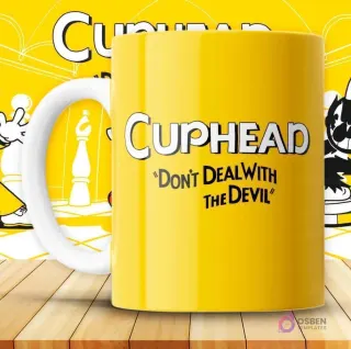 Mockup de taza amarilla lisa con el gran logo de 'Cuphead' y la frase 'Don't Deal With The Devil'.