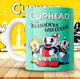 Mockup de taza verde menta con diseño de Cuphead, Mugman y Ms. Chalice juntos, con el título 'The Delicious Last Course'.