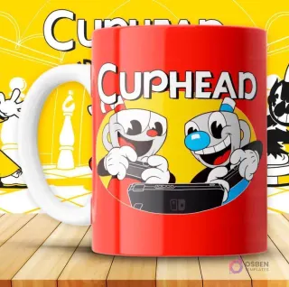Mockup de taza roja con diseño de Cuphead y Mugman sonriendo y jugando videojuegos con controladores.