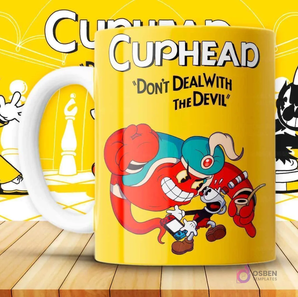 Mockup de taza amarilla con diseño de Cuphead luchando contra un jefe rojo con bandana (Captain Brineybeard o similar).