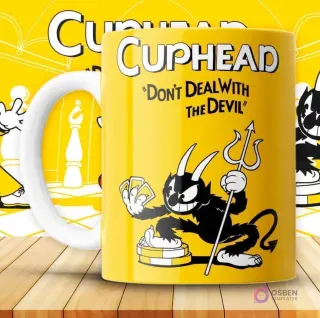 Mockup de taza amarilla con diseño del Diablo (The Devil) sentado sobre fichas de casino, con tridente.