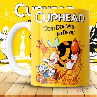 Mockup de taza amarilla con diseño de Cuphead combatiendo a la reina abeja (Rumor Honeybottoms) con miel goteando.