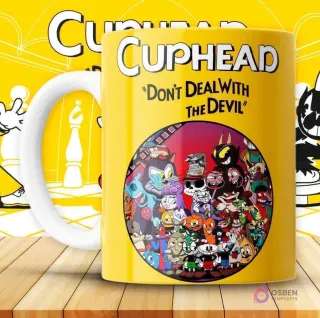Mockup de taza amarilla con un collage circular de múltiples personajes y jefes de Cuphead.