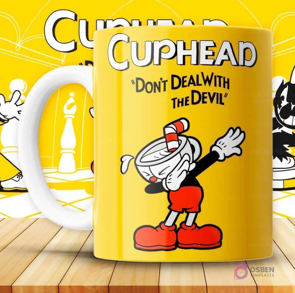 Mockup de taza amarilla con diseño de Cuphead realizando el popular paso de baile 'dab'.