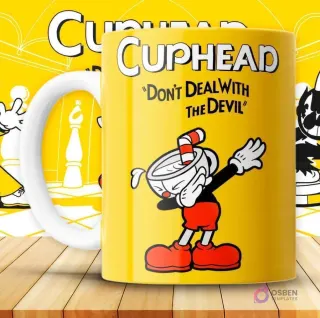 Mockup de taza amarilla con diseño de Cuphead realizando el popular paso de baile 'dab'.