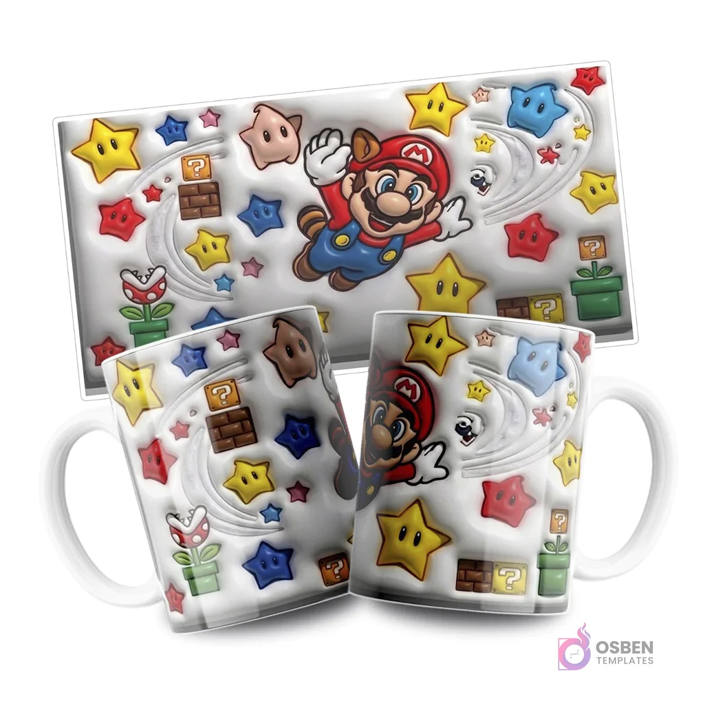 Mugs sublimadas con plantilla Super Mario Galaxy mostrando a Mario volando entre estrellas y power-ups sobre fondo blanco, con la plantilla plana arriba.