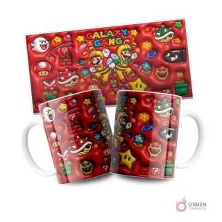 Mugs con diseños Super Mario Galaxy con Mario y Luigi disfrazados de abejas, texto 'Galaxy Gang' y múltiples enemigos y objetos sobre fondo rojo vibrante, con la plantilla plana arriba.