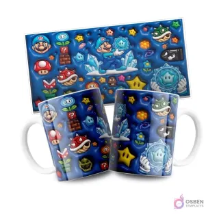 Tazas sublimadas con Mario de hielo y cristales de poder de Super Mario Galaxy, rodeado de estrellas y enemigos sobre fondo azul, con la plantilla plana arriba.