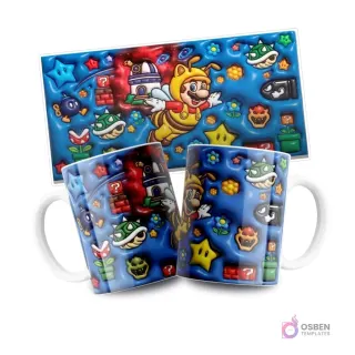 Diseño de sublimación Super Mario Galaxy con Mario disfrazado de abeja volando cerca de un planeta, con estrellas y enemigos sobre fondo azul espacial, con la plantilla plana arriba.