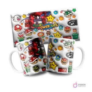 Mugs sublimadas con texto 'POWER-UPS' de Super Mario Galaxy, rodeado de estrellas, fantasmas, koopas y piranha plants sobre fondo blanco, con la plantilla plana arriba.