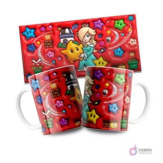 Tazas con diseño de Super Mario Galaxy presentando a Rosalina con una estrella, rodeada de cometas y power-ups sobre fondo rojo, con la plantilla plana arriba.