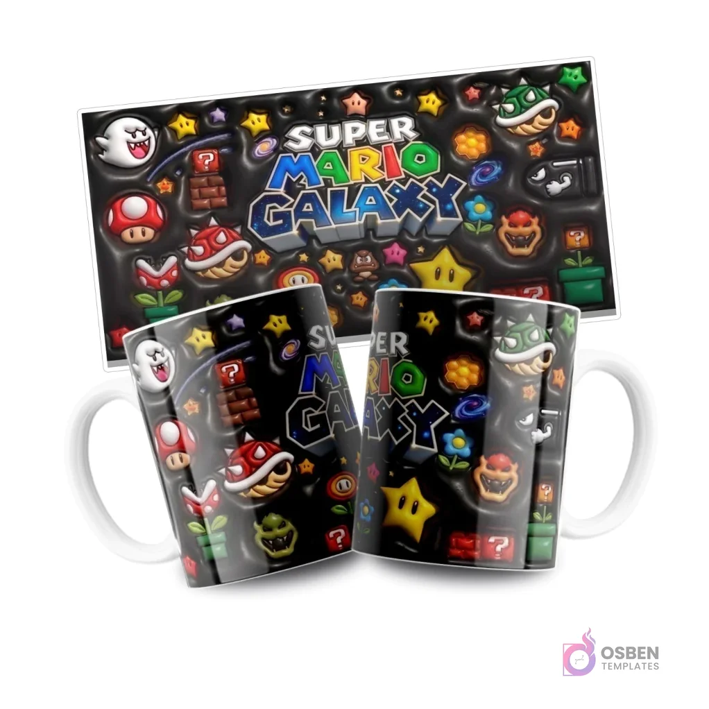 Mugs sublimadas con el logo 'SUPER MARIO GALAXY' y una variedad de power-ups, estrellas y enemigos icónicos sobre un fondo negro cósmico, con la plantilla plana arriba.