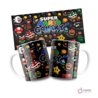 Mugs sublimadas con el logo 'SUPER MARIO GALAXY' y una variedad de power-ups, estrellas y enemigos icónicos sobre un fondo negro cósmico, con la plantilla plana arriba.